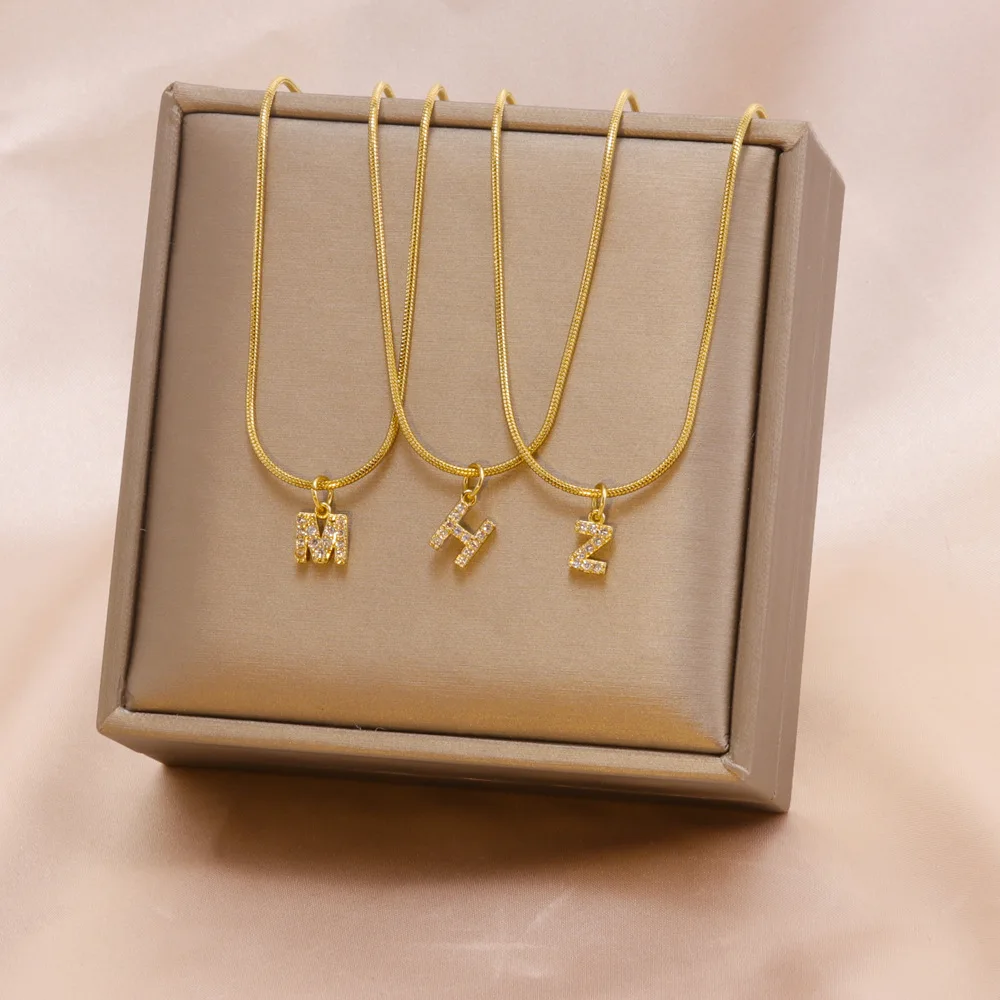 

Euramerican Trend 26 English Letter Micro Inlaid Flat Snake Bone Chain Retro Style Adjustable Titanium Steel Women's Necklace