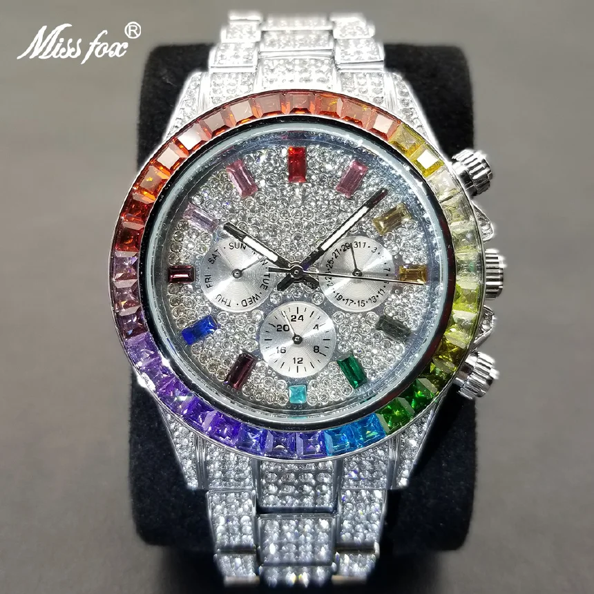 

MISSFOX Iced Out Men Wristwatch Luxury Unique Rainbow Diamond Hip Hop Watches Fashion Bling Party Dress Male Clock Dropshipping