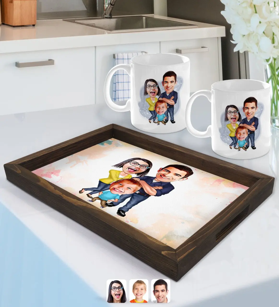 

Персонализированная семейная карикатура поднос из натурального дерева и 2gang Cup Seti-1