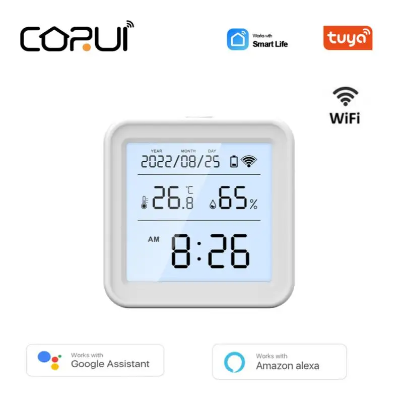 

Датчик температуры и влажности CORUI WiFi Tuya с ЖК-экраном и подсветкой, поддержка Smart Life, Alexa, Google Home