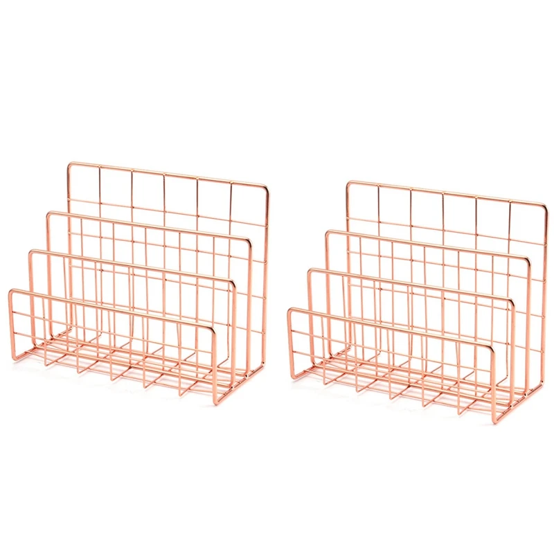 

New 2X Bookshelf Office Desktop Rose Gold Metal Book Block Three Layer Desktop Magazine Shelf Book Holder