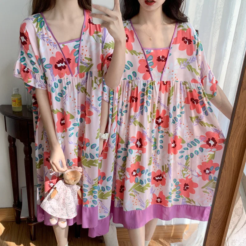 Plus Size Women's Summer Pajama Dressing Gown Half Sleeve Leisure Ventilation Nightdress 100% Viscose Printing Girls Nightgown