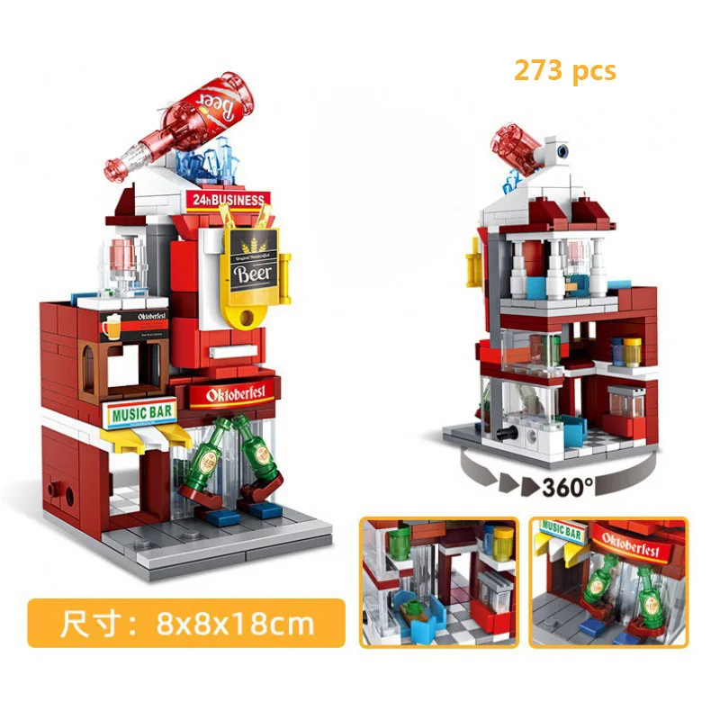 

City Building Street View Ice Cream Shop House Building Blocks Flowers Cake Pizza Shop Store Creative Educational Toys Friends