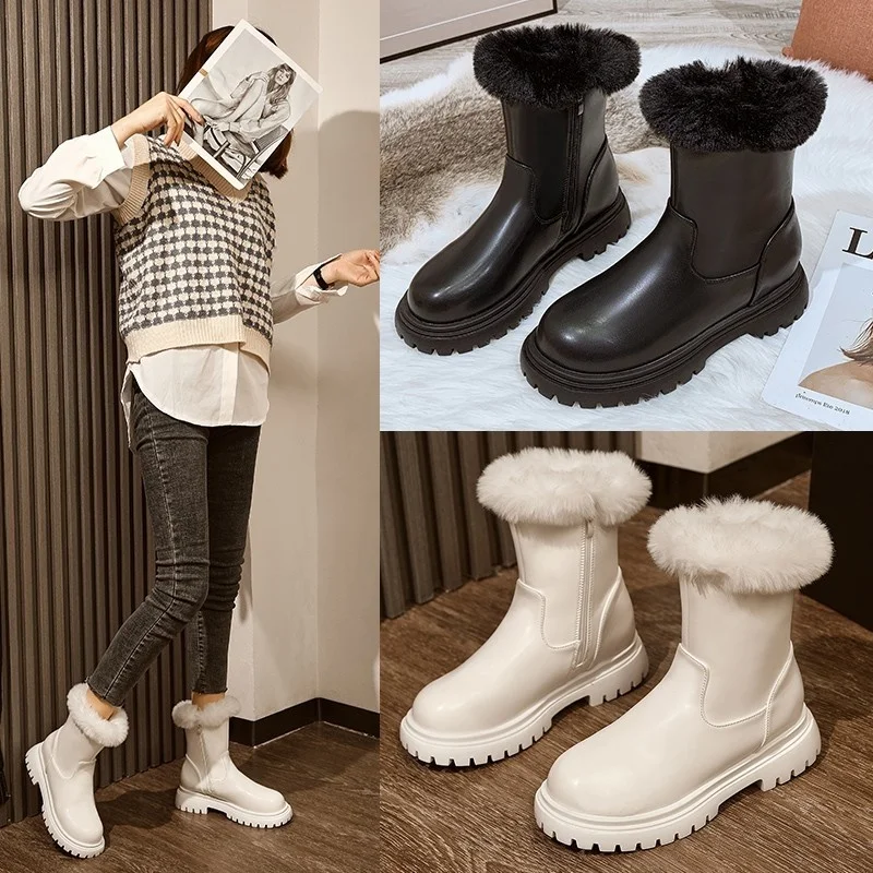 

Women Motorcycle Boots New Female Winter Fashion Leather Lace Up Warm Snow Booties Low Heel Vintage Back Zip Casual Lady Shoes