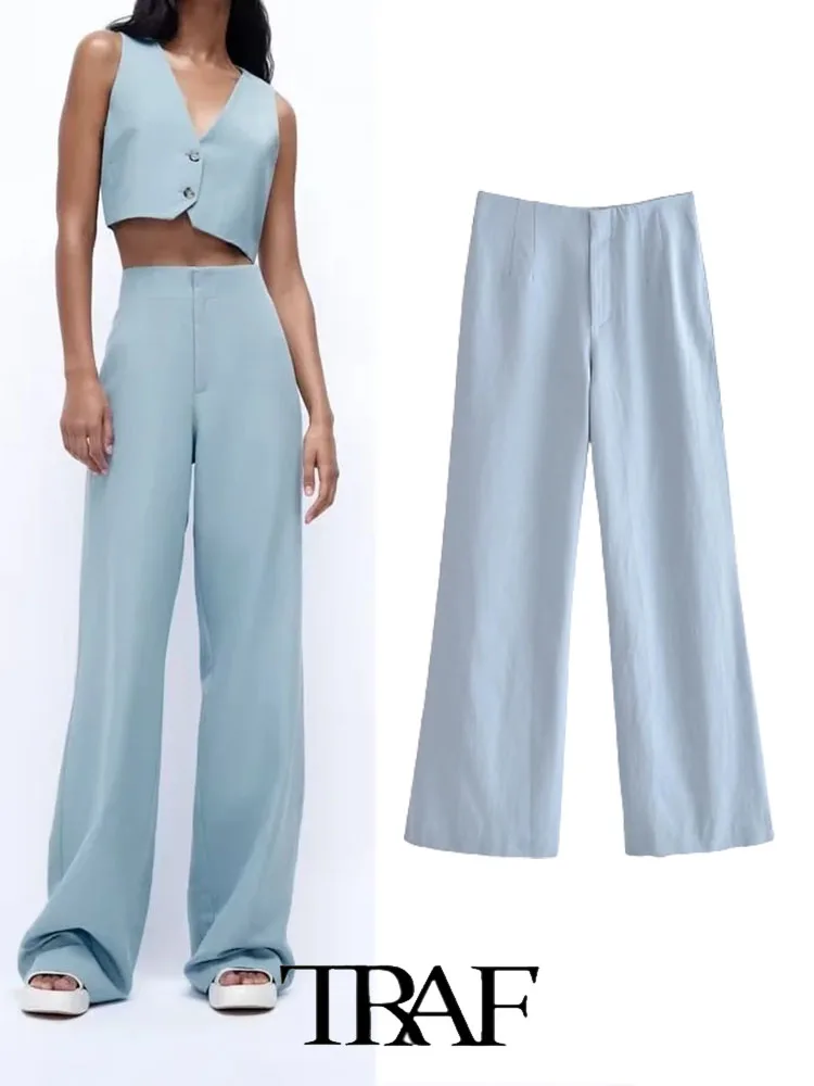 

TRAF ZA&ree 2022 Women Pants Elegant Lady New Two-Tone Linen Suit Straight-Leg Trousers Woman Clothes Fashion Wide Leg Pant