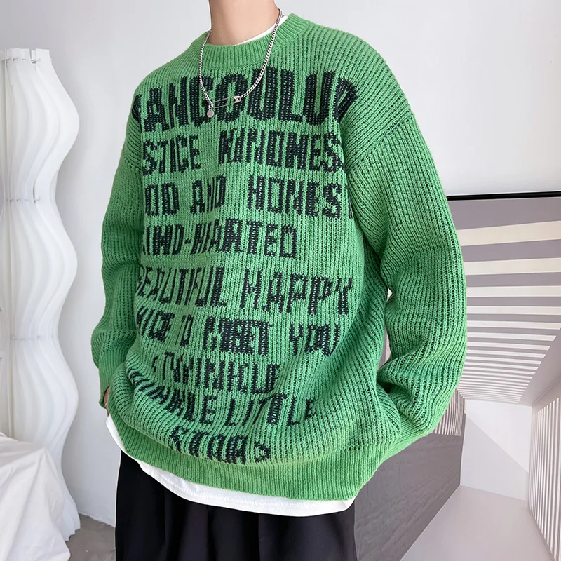 

Privathinker Letter Trendy Sweater Men Loose Basic Green Oversize Jumper Knitted Top Spring Fall New for Men Streetwear Pullover