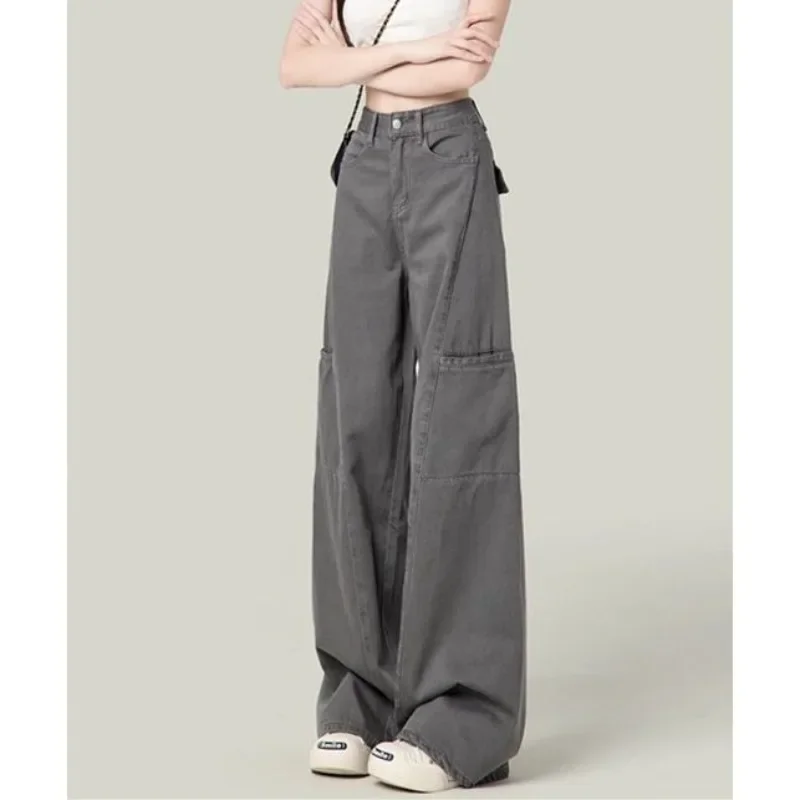 Серые брюки-карго в американском стиле с высокой талией свободные прямые