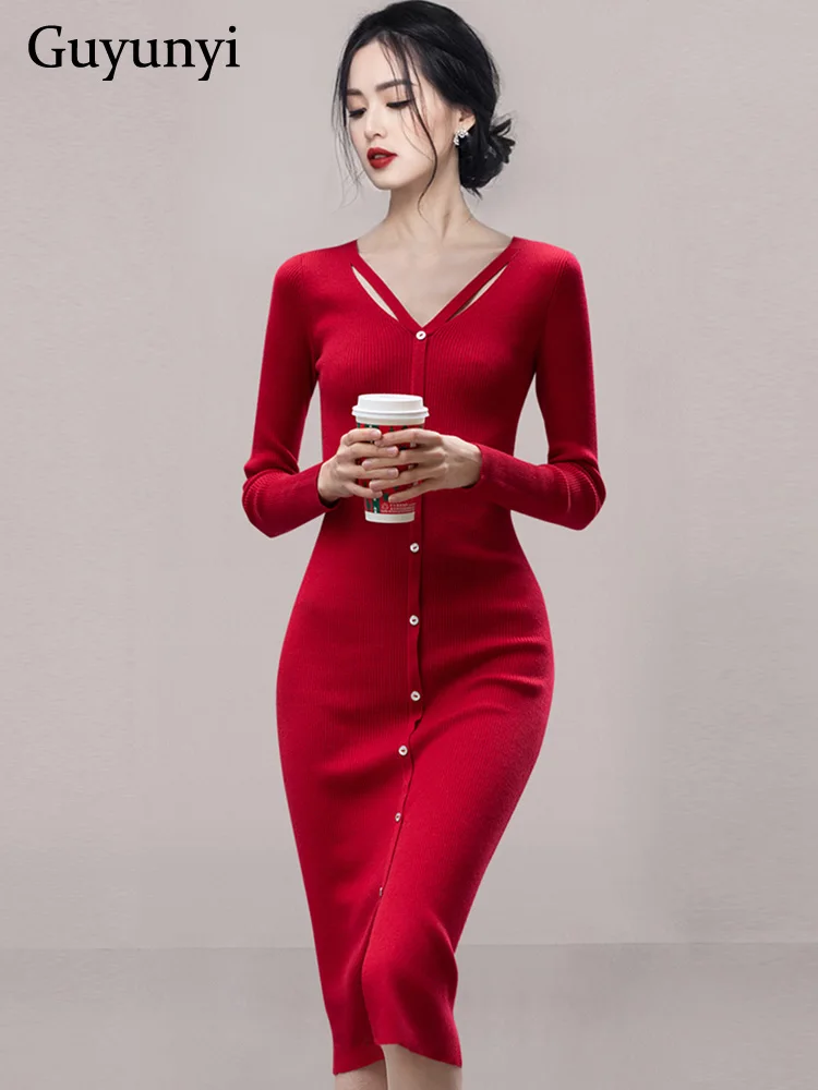 

Red Stretch Knit Dress 2022 Fall V-Neck Hollow Out Full Sleeve Simple Decor Single Breasted High Waist Office Lady Sheath Dress