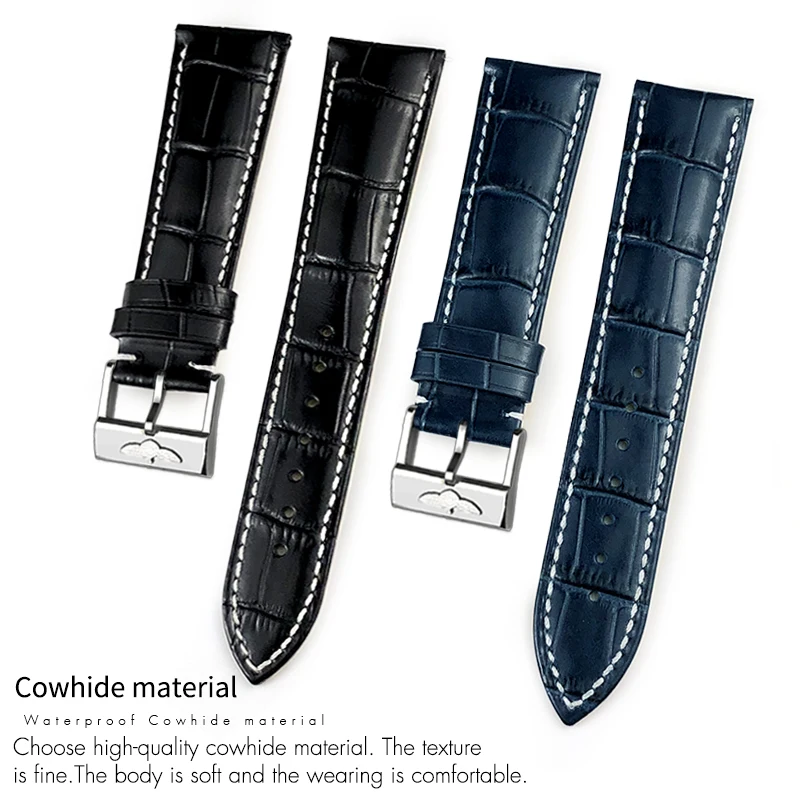 Фото Ремешок для часов из натуральной кожи 21 мм 22 мм, подходит для Breitling Avenger Navitimer Chronomat B01 B02, синий, из коровьей кожи, мужской ремешок для часов с инструментом для установки. №2