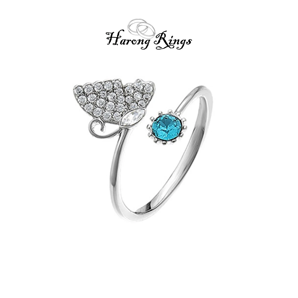 

Harong Sky Blue Crystal Ring Fashion Butterfly Opening Adjustable Diamond Ladies Ring Jewelry Accessories Party Use Gift