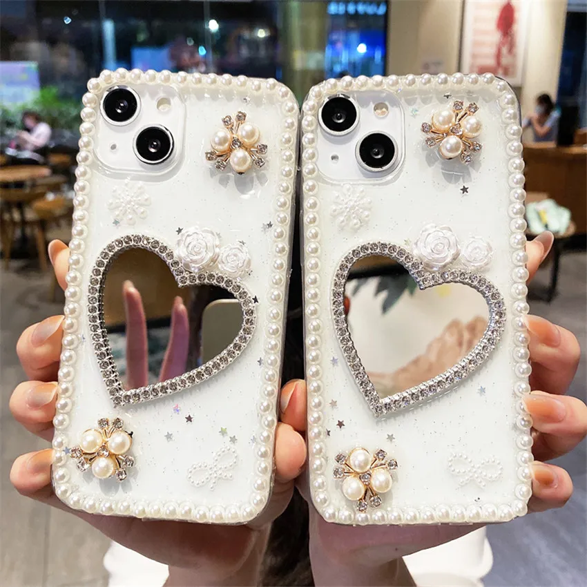 

Transparent love pearl mirror Phone Case For iPhone 14 13 12 11 Pro X XS XR Max 7 8 Plus silicone all-inclusive cover
