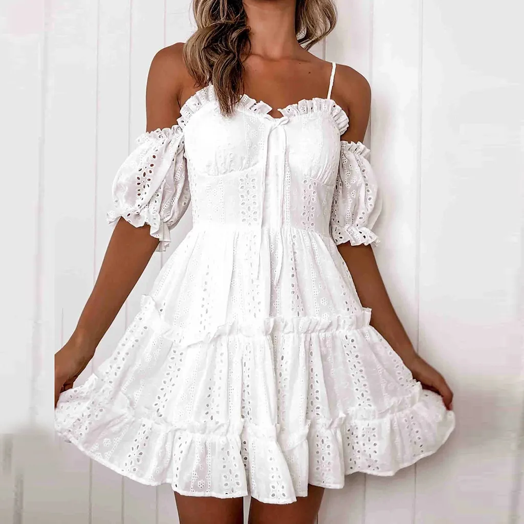 

Women's Summer Autumn Dress Ladies Fashion Embroidered Hollow Lace Wrapped Strap One-Sleeve Pleated Lace Dress Vestido M140#