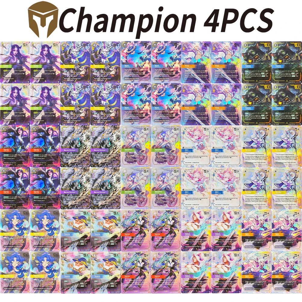 Фото Набор из 4 игровых карт Champion Riftbound TCG с анимационным текстурным фольгированием: Ари, Афелиос, Бард, Барон Нашор, Сорака, Сетт, Тимо, Вейн, Ясуо, Йоне №1