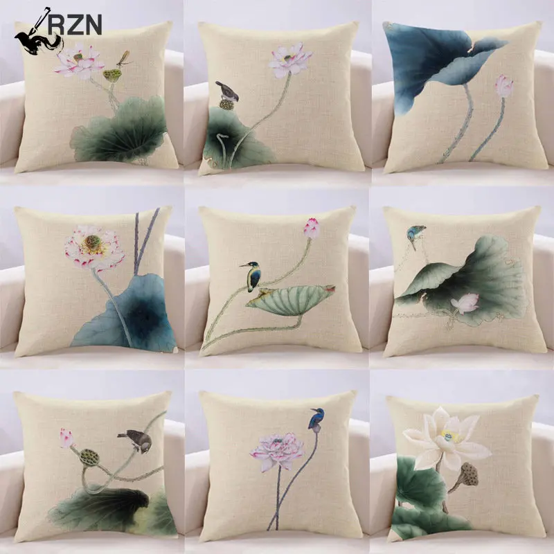 

New Lotus Cushion Cover Printed Linen Pillow Cover Chinese Style Home Pillow Cushion Cover Sofa Living Room Beige Pillow Cover