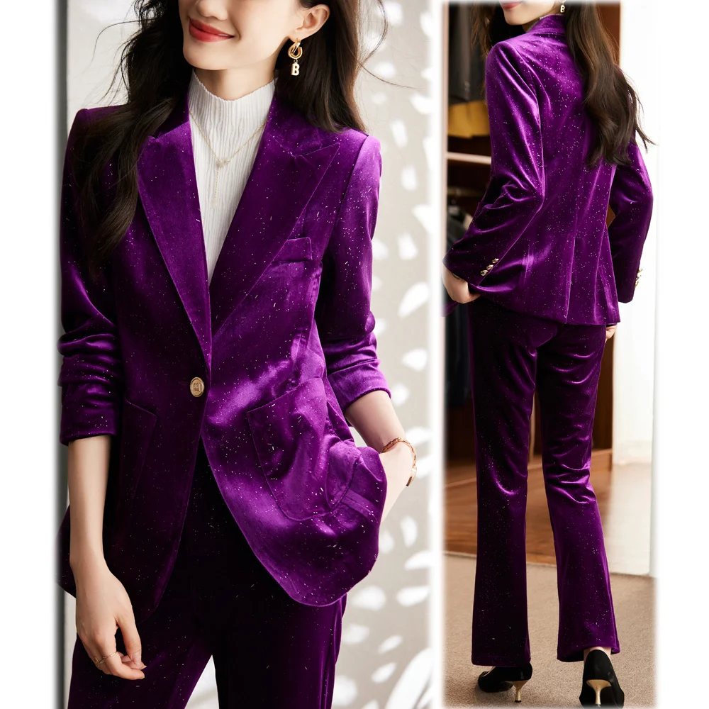 Velvet Women Pant Sets 2023 New in Casual Blazer Jacket with Trouser Suit Elegant Office Lady Business Formal 2 Piece Set