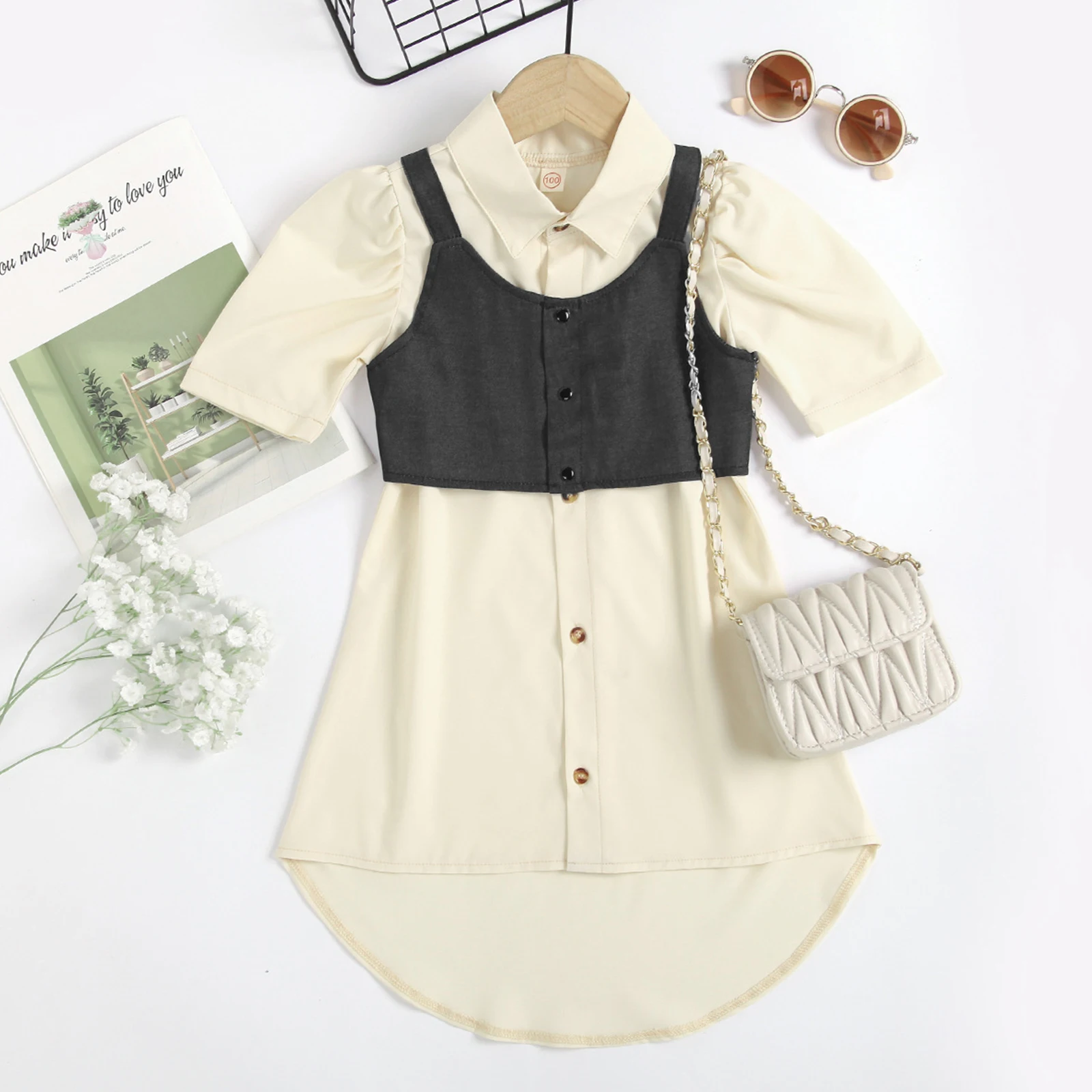 

Kids Girl Dress Set Short Sleeve Solid Shirt Dress with Button Closure Camisole for Casual Daily