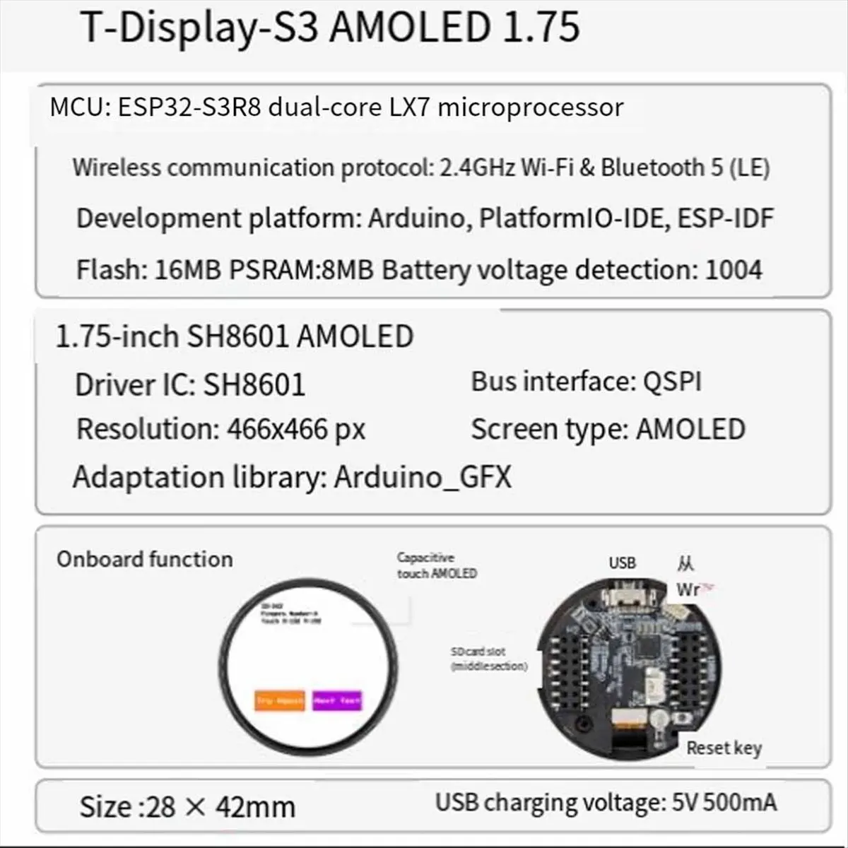 Фото Суперраспродажа: Плата разработки T-Display-S3 ESP32-S3, 1,75-дюймовый AMOLED-дисплей, Wi-Fi, Bluetooth, 16 МБ флэш-памяти, 8 МБ PSRAM №5