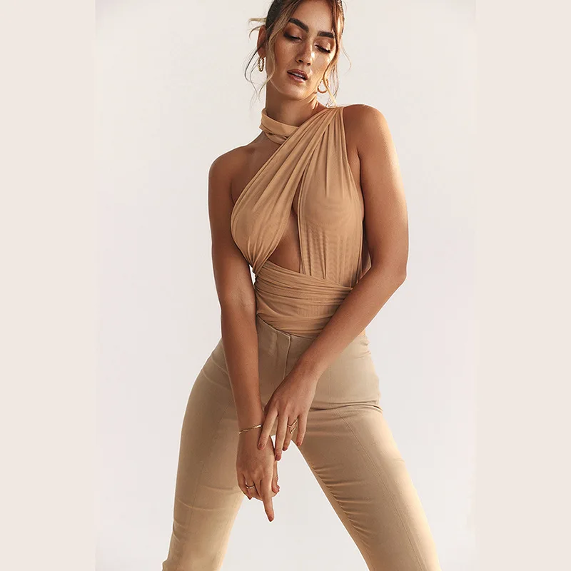 

2023 Winter New Women's Waist Pure Color Khaki Fashion Halter Sexy Backless Hollowed Mesh Bottom One-piece Trousers Women