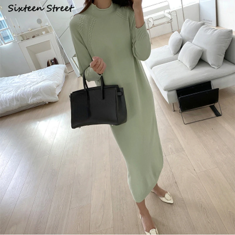 

CHIC Green Wool Maxi Dress Woman Autumn New O Neck Loose Knitted Vestido Dress Female Long Sweater Elegant Winter Clothing