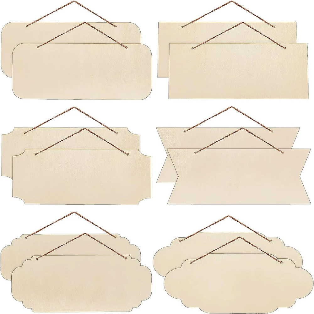

12PCS Unfinished Wood Sign Blank Rectangle Hanging Wooden Plaque Sign Plain Hanging Craft with Rope for Door Wall Art Decoration