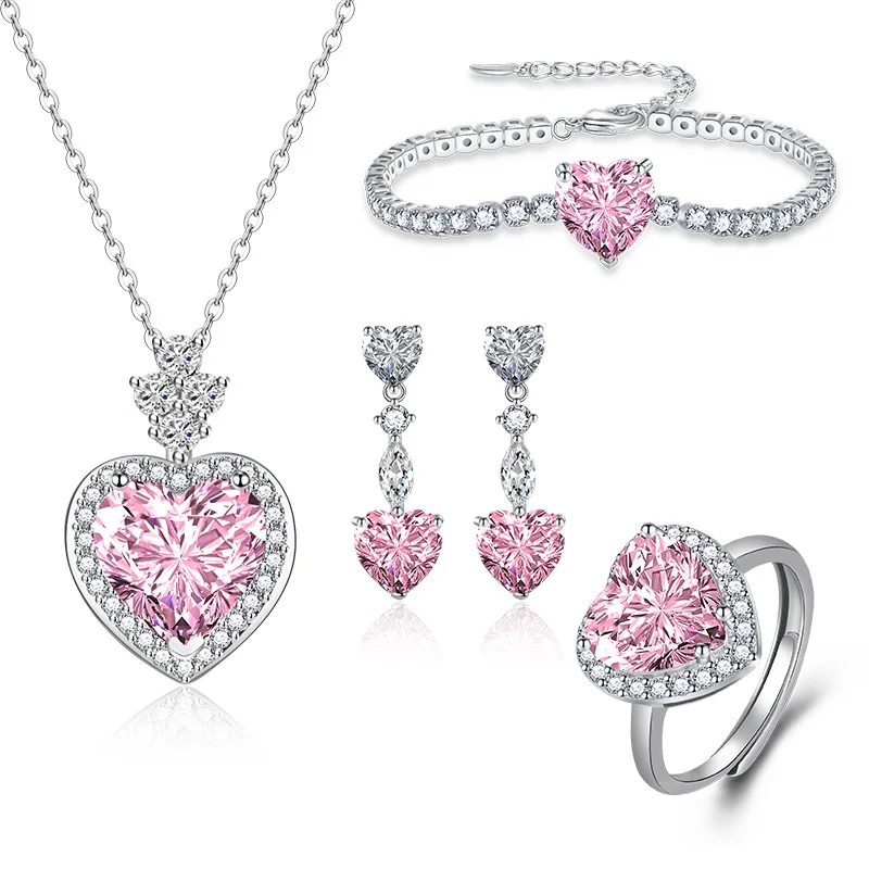 

Ailodo Cubic Zirconia Jewelry Set For Women Heart Pendant Necklace Earrings Ring Bracelet Jewelry Set Party Wedding Jewelry Gift
