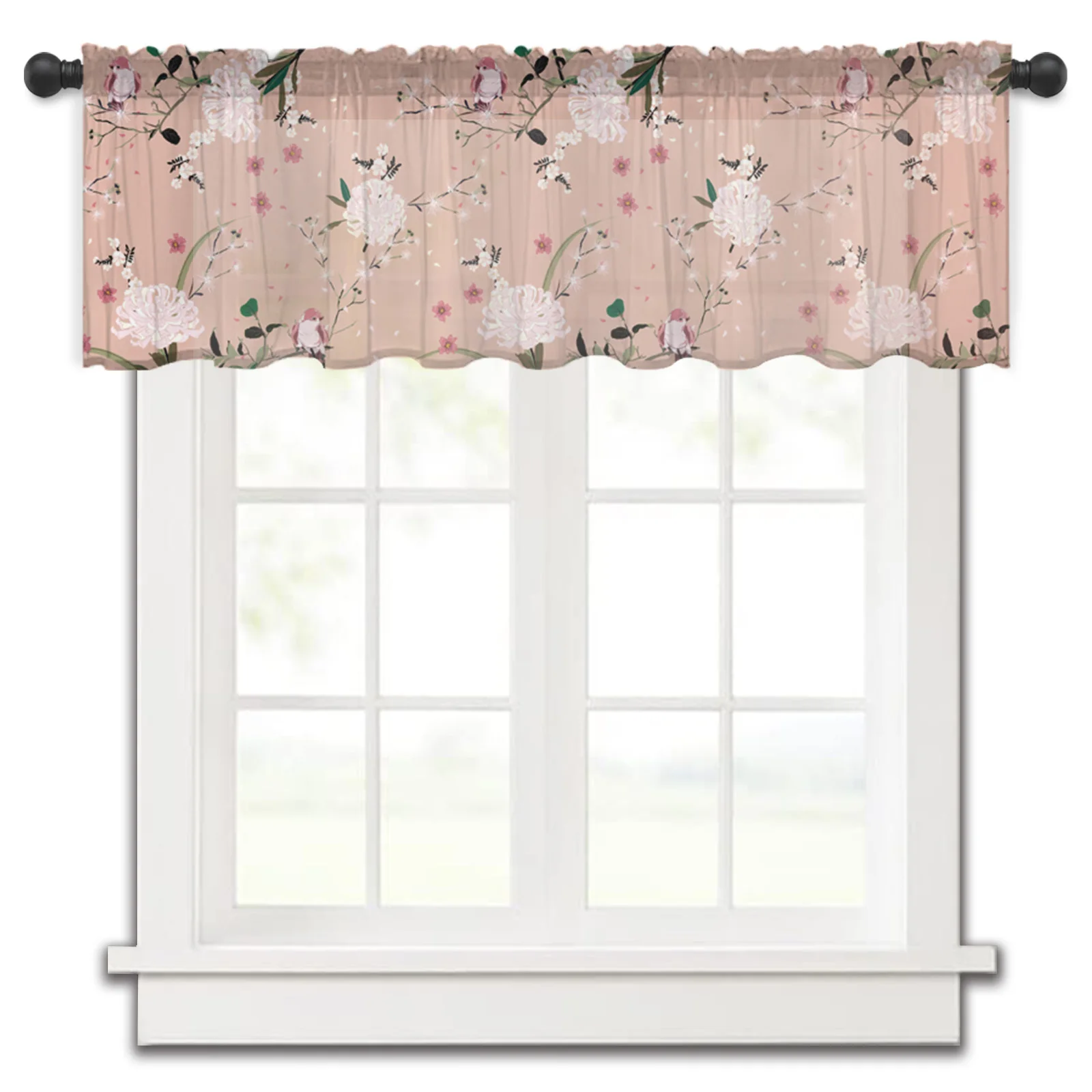 

Pink Flower Bird Spring Kitchen Small Window Curtain Tulle Sheer Short Curtain Bedroom Living Room Home Decor Voile Drapes