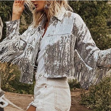 Женский танцевальный костюм светоотражающая блестящая куртка с бахромой