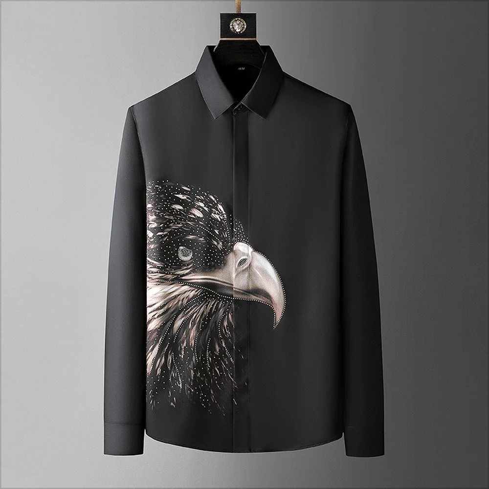2022 Autumn Shirts for Men Long Sleeve Slim Casual Business Shirt Eagle Rhinestones Print Camisa Masculina Social Party Tuxedo