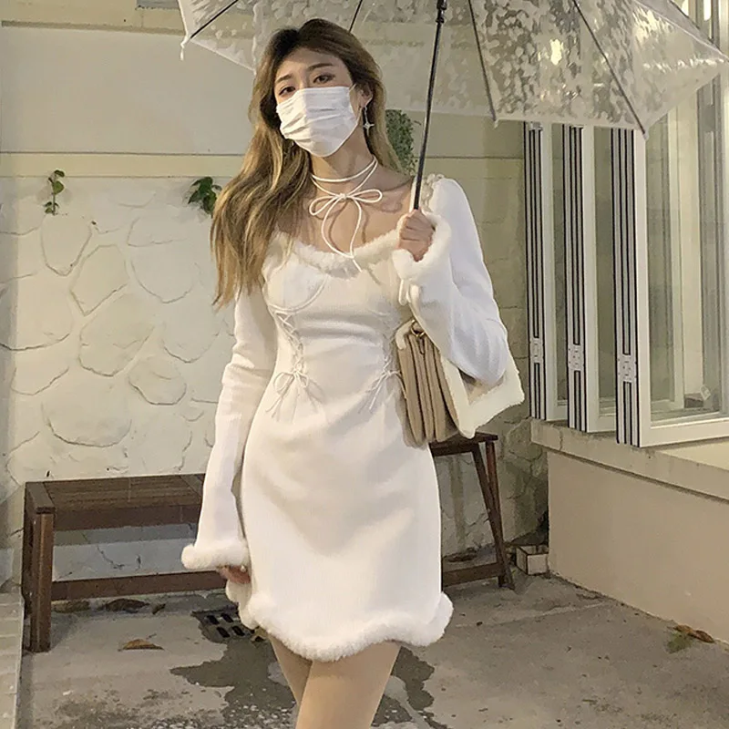 

Зимнее праздничное платье с длинным рукавом, милое приталенное мини-платье с квадратным вырезом Y2k, повседневные женские ночные платья в ст...