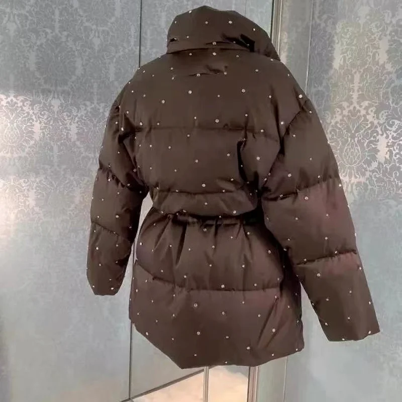Women's Winter 2022 Mid-length Thickened Parka Women's Warm Jacket New Rhinestone Beaded Waist Cotton Clothes