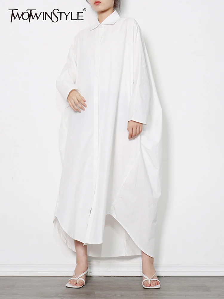 

TWOTWINSTYLE Casual Minimalist Plus Size White Long Dress Female Lapel Long Sleeve Loose Waist Maxi Dresses For Women 2022 Style