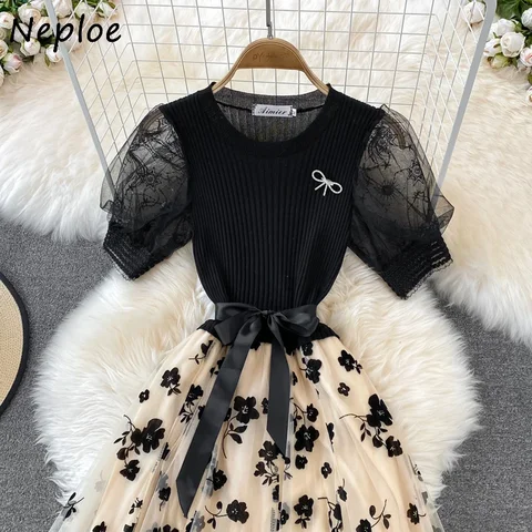 Neploe вязаное мини-платье с галстуком-бабочкой и круглым вырезом для женщин, сетчатое марлевое пышное платье, элегантное темпераментное платье, Vestido Feminino