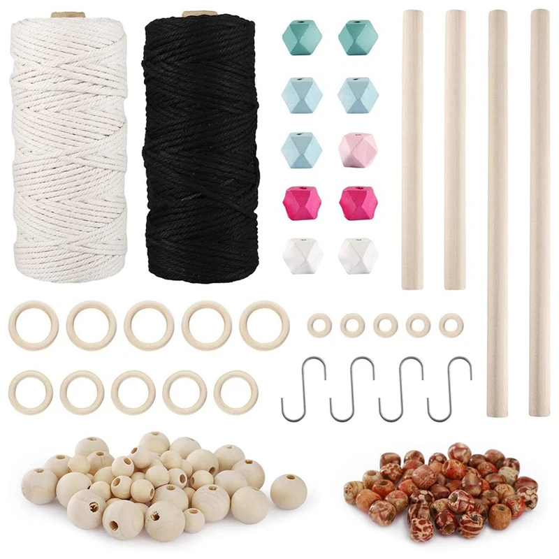 

Macrame Cord Kit,Macrame Rope Wooden Beads Rings Sticks DIY Macrame Plant Hanger Wall Hanging Craft Kits For Beginners