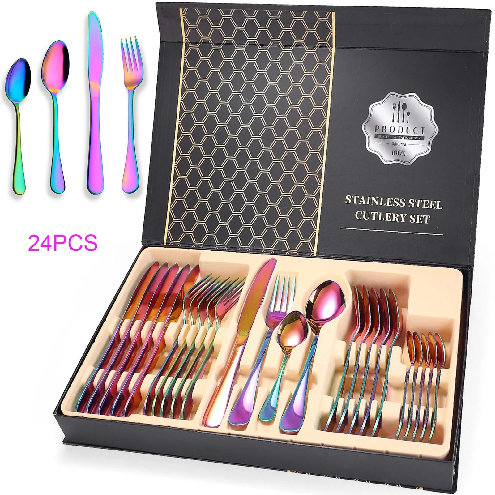 

#Colorful Silverware Set, 24-Piece Stainless Steel Rainbow Flatware Set, Iridescent Cutlery Utensils Set Service for 6