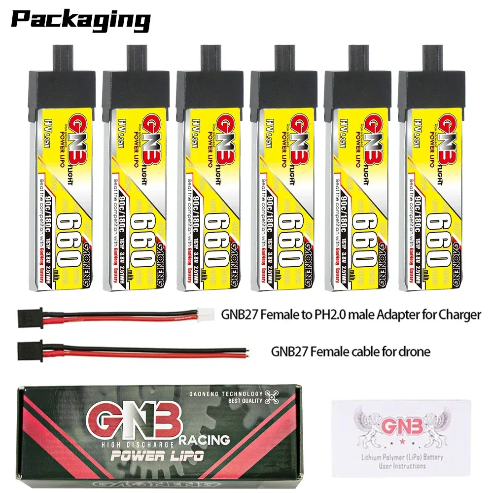 

6PCS GAONENG GNB 1S 660mAh 3.8V 90C HV Lipo Battery With High Current GNB27 Plug For RC FPV Drone Quadcopter DIY Connector Part