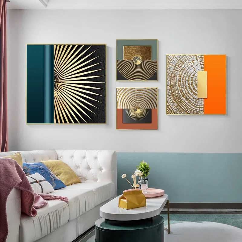 

Nordic Modern Minimalist Geometric Color Block Gold Foil Abstract Orange Annual Ring Living Room Light Luxury Decor Art Painting