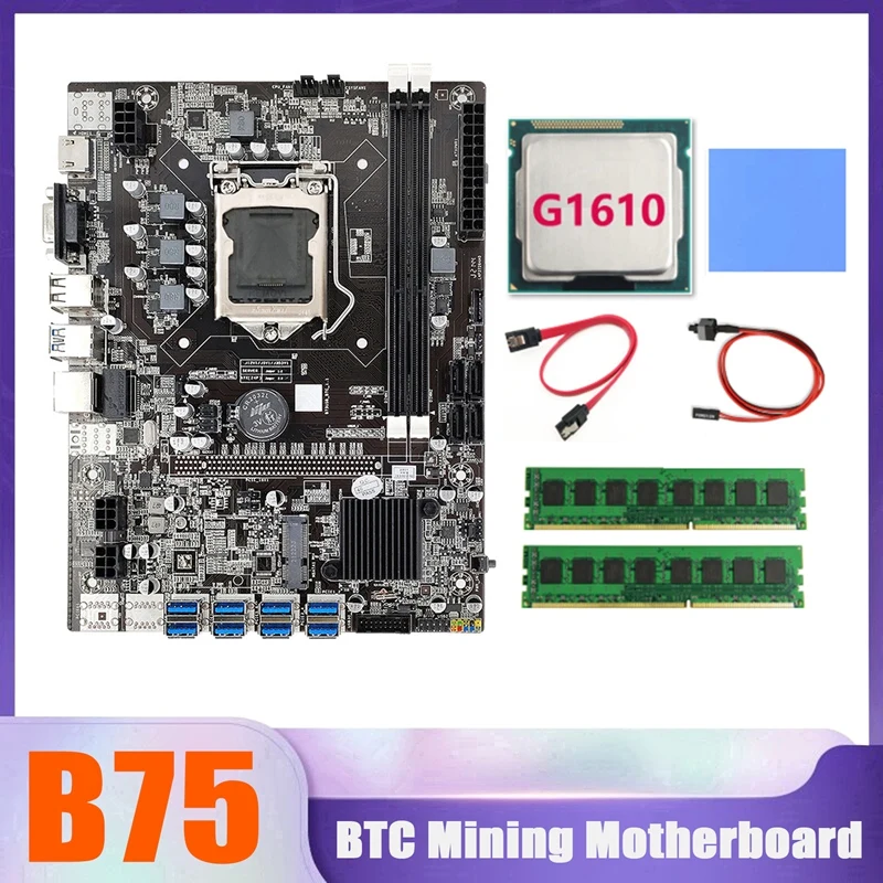 

HOT-B75 BTC Miner Motherboard 8XUSB+G1610 CPU+2XDDR3 8G 1600Mhz RAM+SATA Cable+Switch Cable+Thermal Pad B75 USB Motherboard