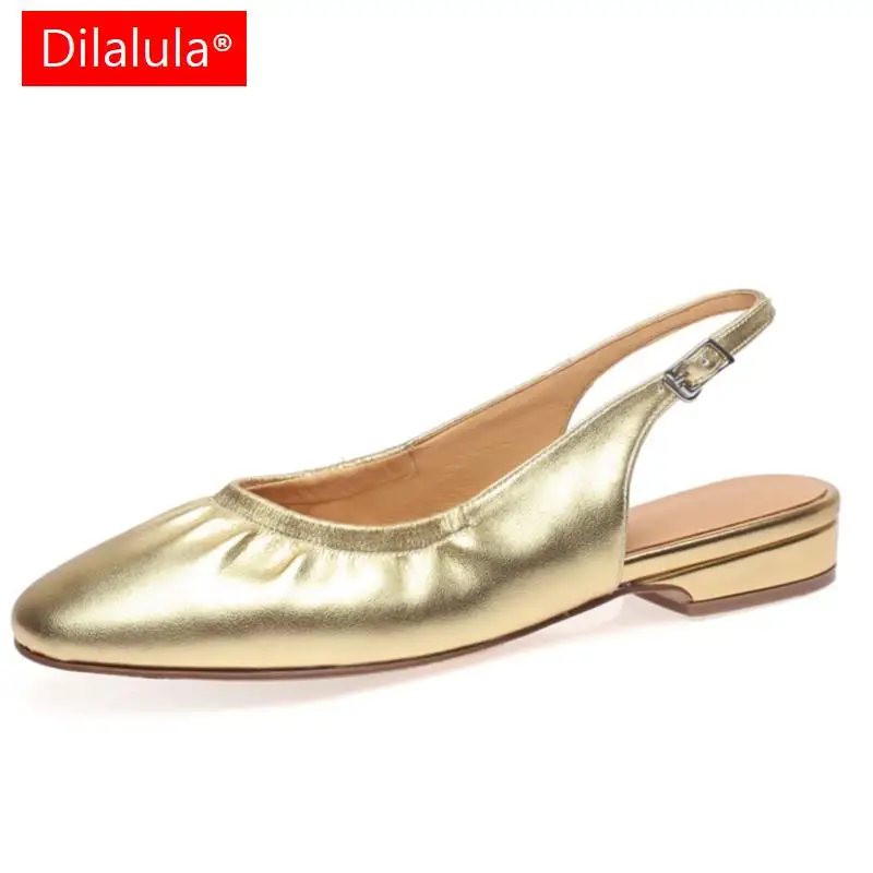 

Dilalula Square Toe Low Heels Women Sandals Summer Genuine Leather Slingback Concise Office Ladies casual golden sandals 2023