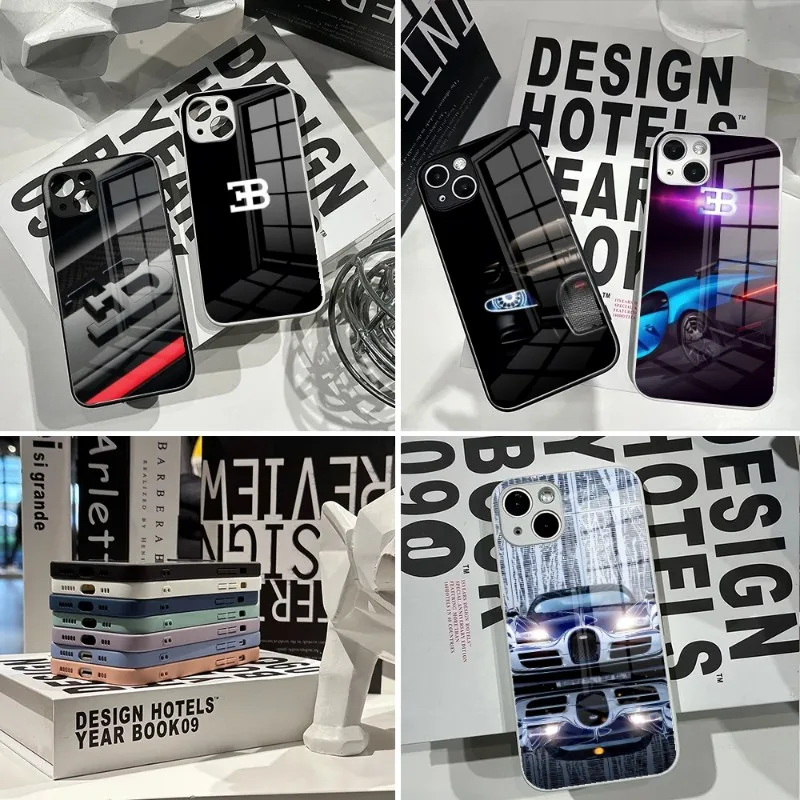 

Роскошный автомобильный чехол для телефона Bugatti 2023 для IPhone 14Pro 13 11 12 XR XS MAX 7/8 X Plus 13 черно-белые стеклянные Чехлы для пар