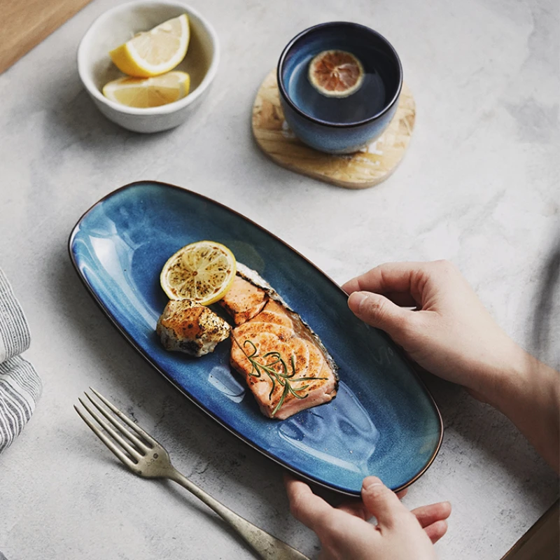 

Oval fish plate ceramic plate household vegetable plate large Japanese long plate restaurant dessert plate western plate