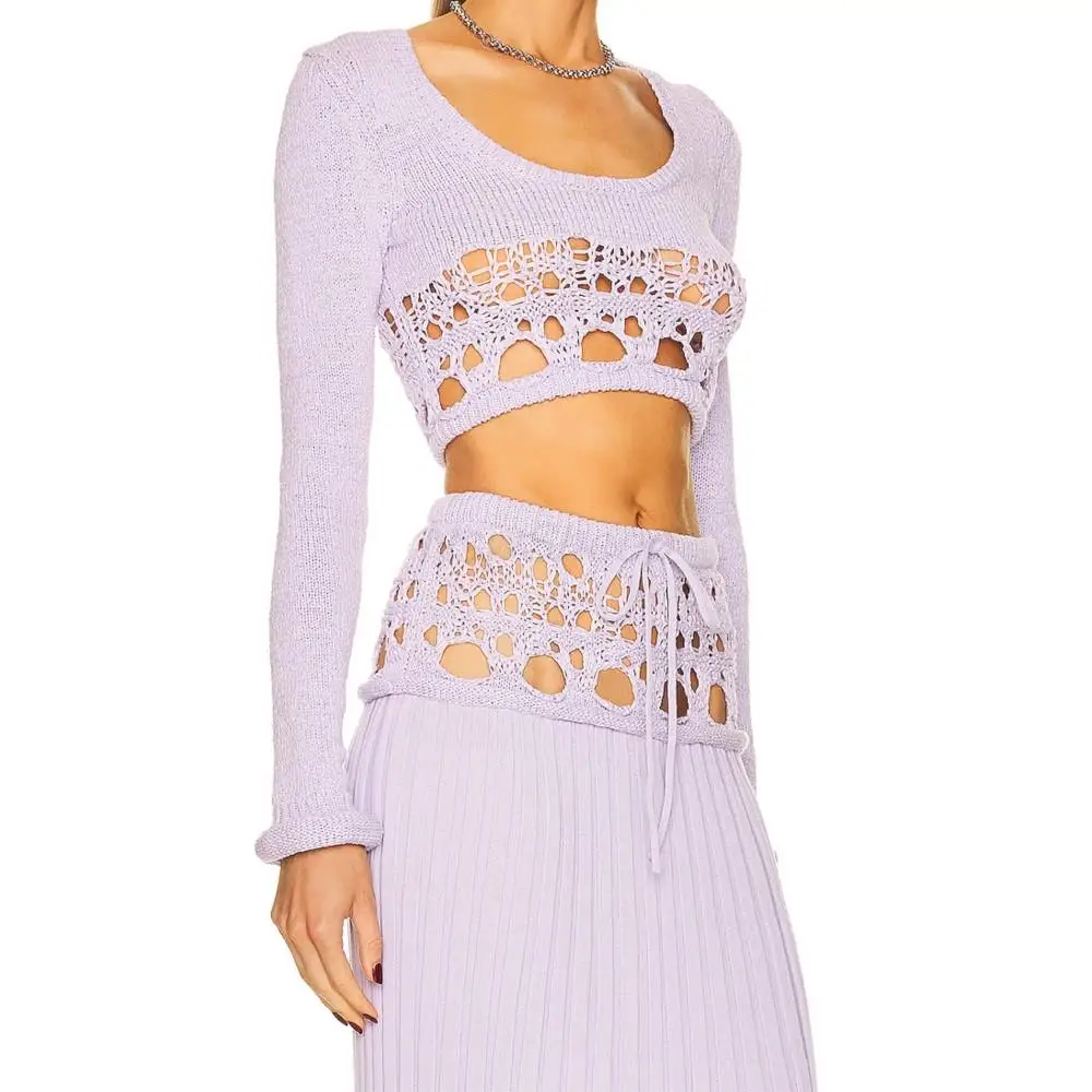 

Ladies Winter Knit Sexy Pullover Cutout Under The Chest Crochet Long Sleeve Crop Top Cotton Polyester women's Clothing