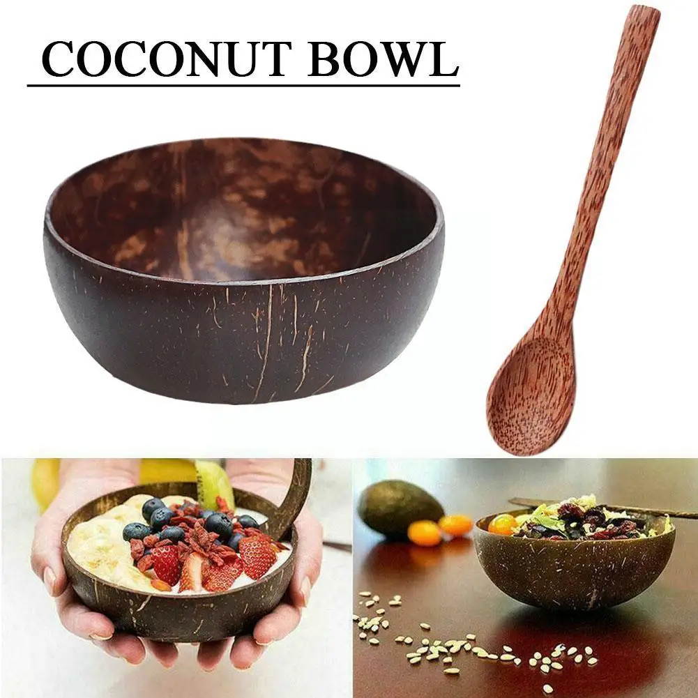 

13-14.5cm Natural Coconut Bowl Set Wooden Salad Ramen Bowl Wood Coconut Smoothie Spoon Kitchen Tableware Coconut Bowl Set C9m7