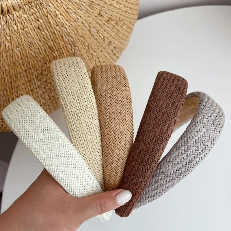 

2022 Sponge Wide-brimmed Weaving Hairbands Braided Headband Women Bohemian Solid Color Linen Cotton Raffia Headwrap Headband