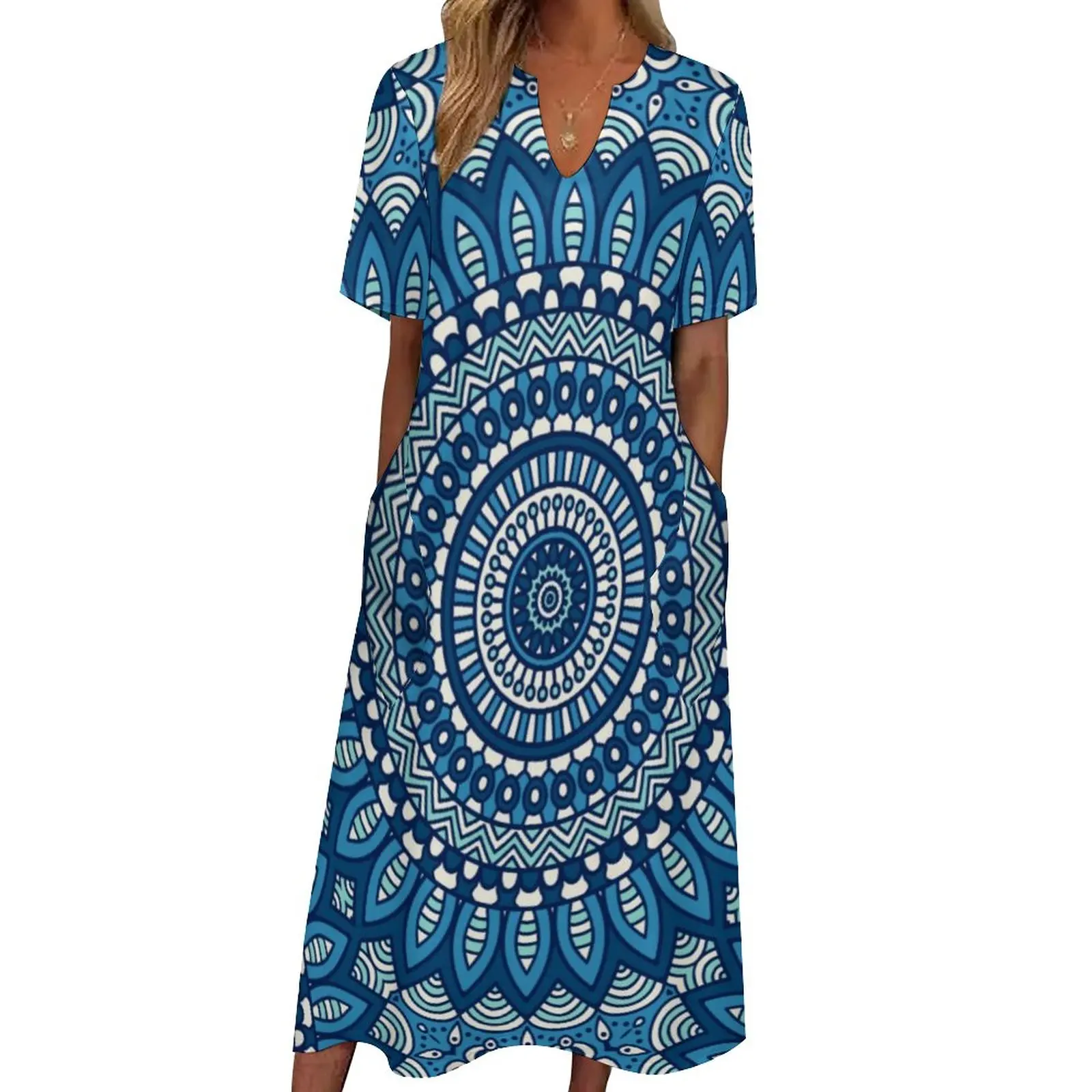 

Blue Tribal Dress Ethnic Print Sexy Maxi Dress Aesthetic Bohemia Long Dresses Summer Short Sleeve Custom Clothes 3XL 4XL 5XL