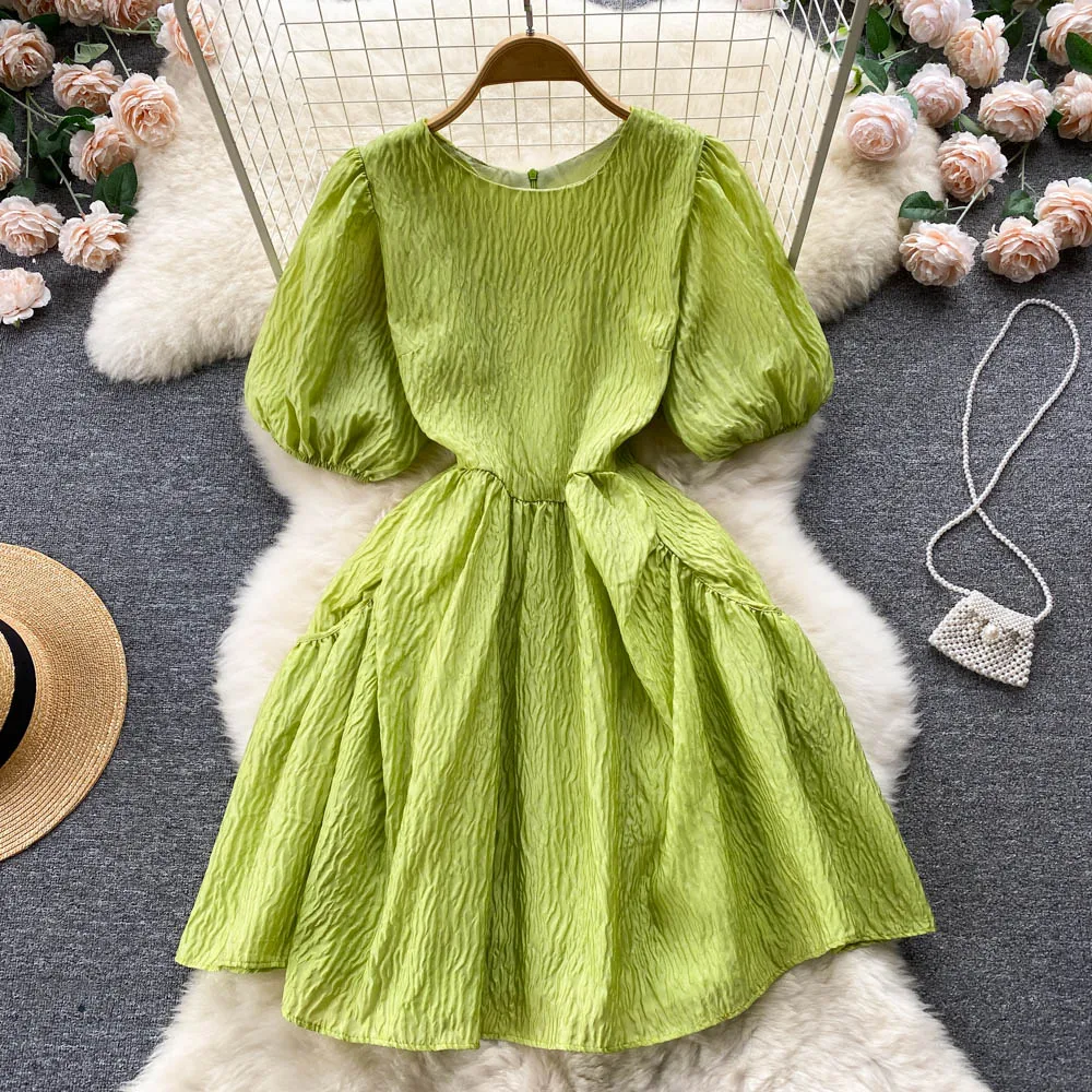 

Новое поступление, летние платья с круглым вырезом и коротким рукавом с буфами, винтажное элегантное ТРАПЕЦИЕВИДНОЕ зеленое женское платье...