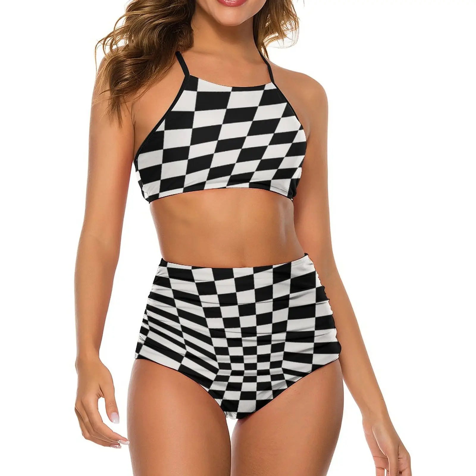 

Retro Mod Bikini Swimsuit Black And White Check Swimwear Sexy Trendy Bikinis Set Female Push Up Swimsuits Pattern Beach Outfits