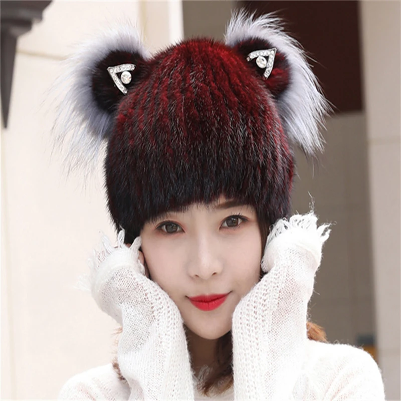 New Fashion Cute Cat Ears Ear Protection Fur Hat Mink Hat Female Winter Mink Knitted Hat Women Keep Warm In Winter