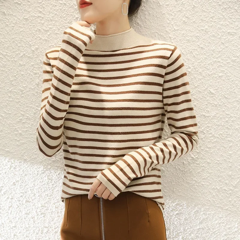 MRMT 2024 Brand New Women's Half Turtleneck Striped Sweater Pullover Knit Cashmere Long Sleeve Bottoming Shirt