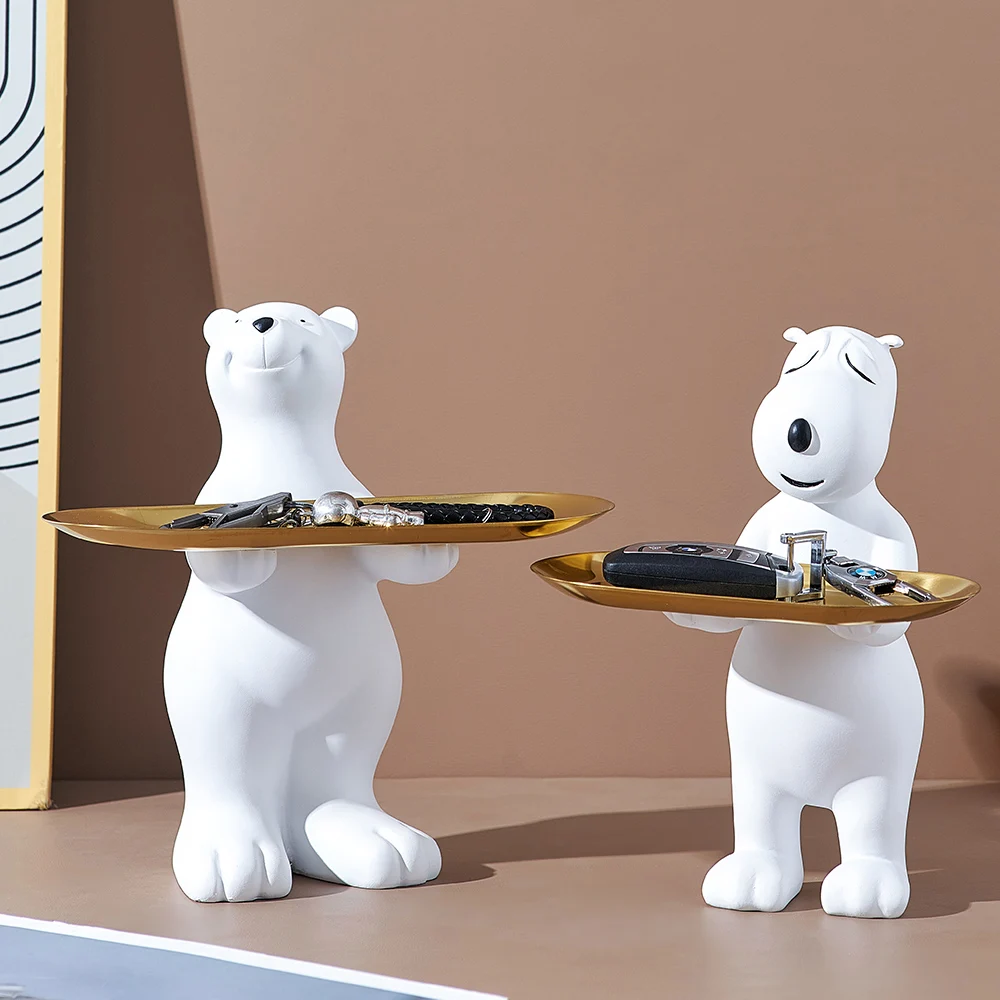 

Modern Home Decoration Cute White Bear Sculpture Storage Tray Living Room Desktop Decor Animal Figurines Candy Storage Tray