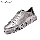 Кроссовки SusuGrace мужские кожаные, повседневная Уличная обувь, на шнуровке, блестящие, в стиле хип-хоп, золотистые, серебристые, черные